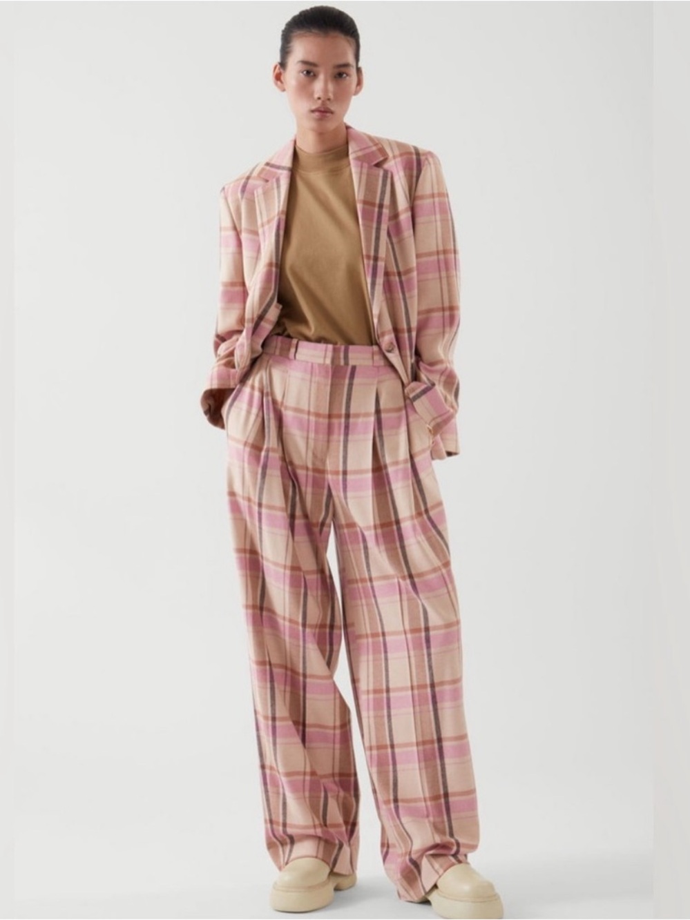 COS Pink Plaid Wool Pleated Trousers